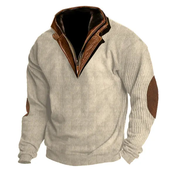 Men's Outdoor Casual Zip Polo Stand Collar Long Sleeve Sweatshirt Double Layer Lapel Fur Leather Collar Pullover