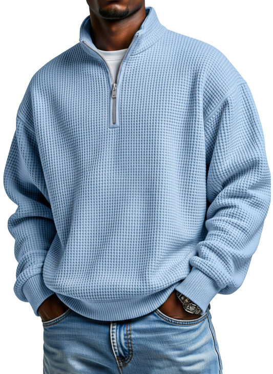 Men's Daily Loose And Simple Waffle Half-zip Stand Collar Long-sleeved Polo Shirt