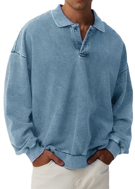 Men's Retro Fashion Distressed Lapel Long Sleeve Polo Sweatshirt