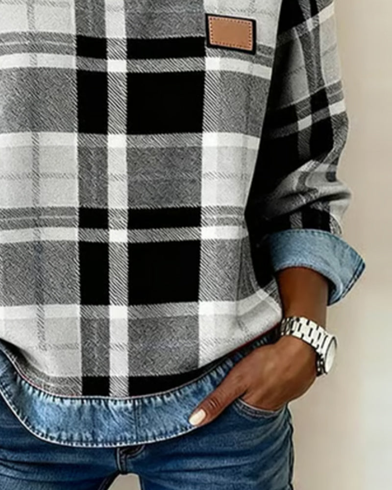🔥Women's Casual Round Neck Denim Patchwork Pullover Sweatshirt