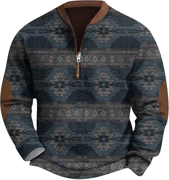 Men's Vintage Country Western Cashmere Wool Print Zipper Stand Collar Casual Sweatshirt