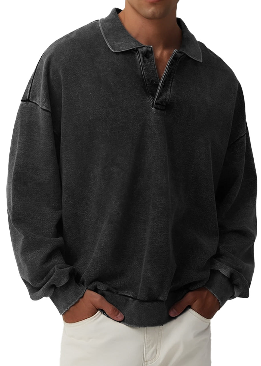 Men's Retro Fashion Distressed Lapel Long Sleeve Polo Sweatshirt