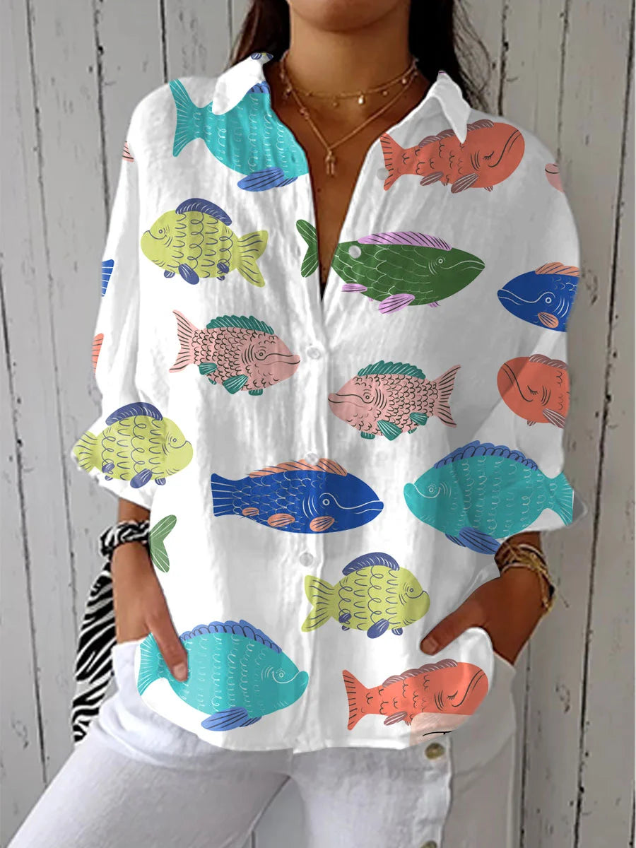 Women's Vintage Abstract Floral Art Print Linen V-Neck Shirt