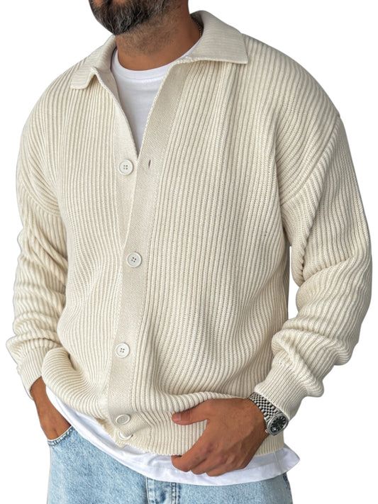Versatile Men's Lapel Solid Color Loose Long-sleeved Knitted Cardigan Sweater Jacket