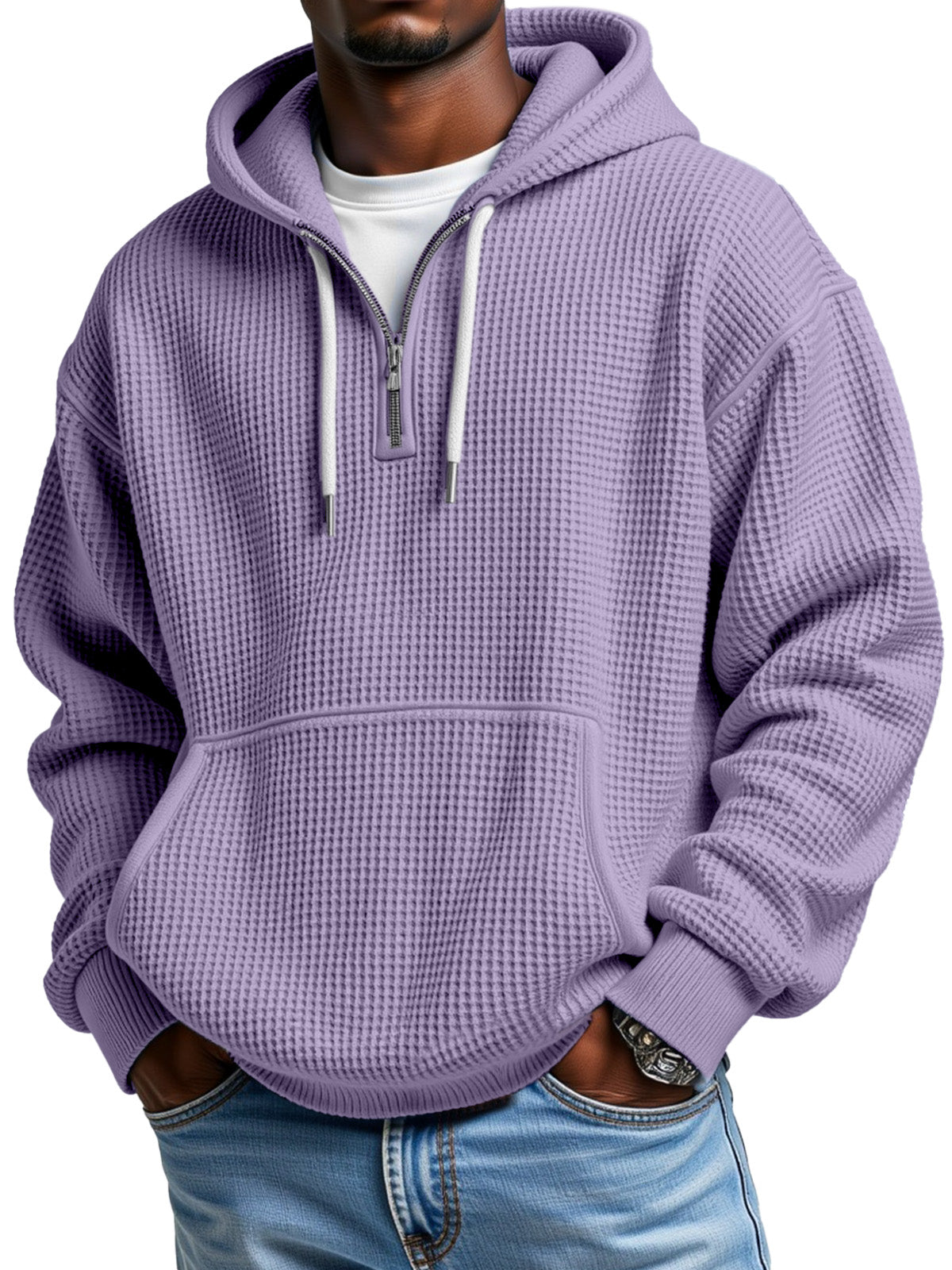 Black Friday Early Sale - Men's Casual Solid Color Waffle Zipper Long Sleeve Hooded Sweatshirt
