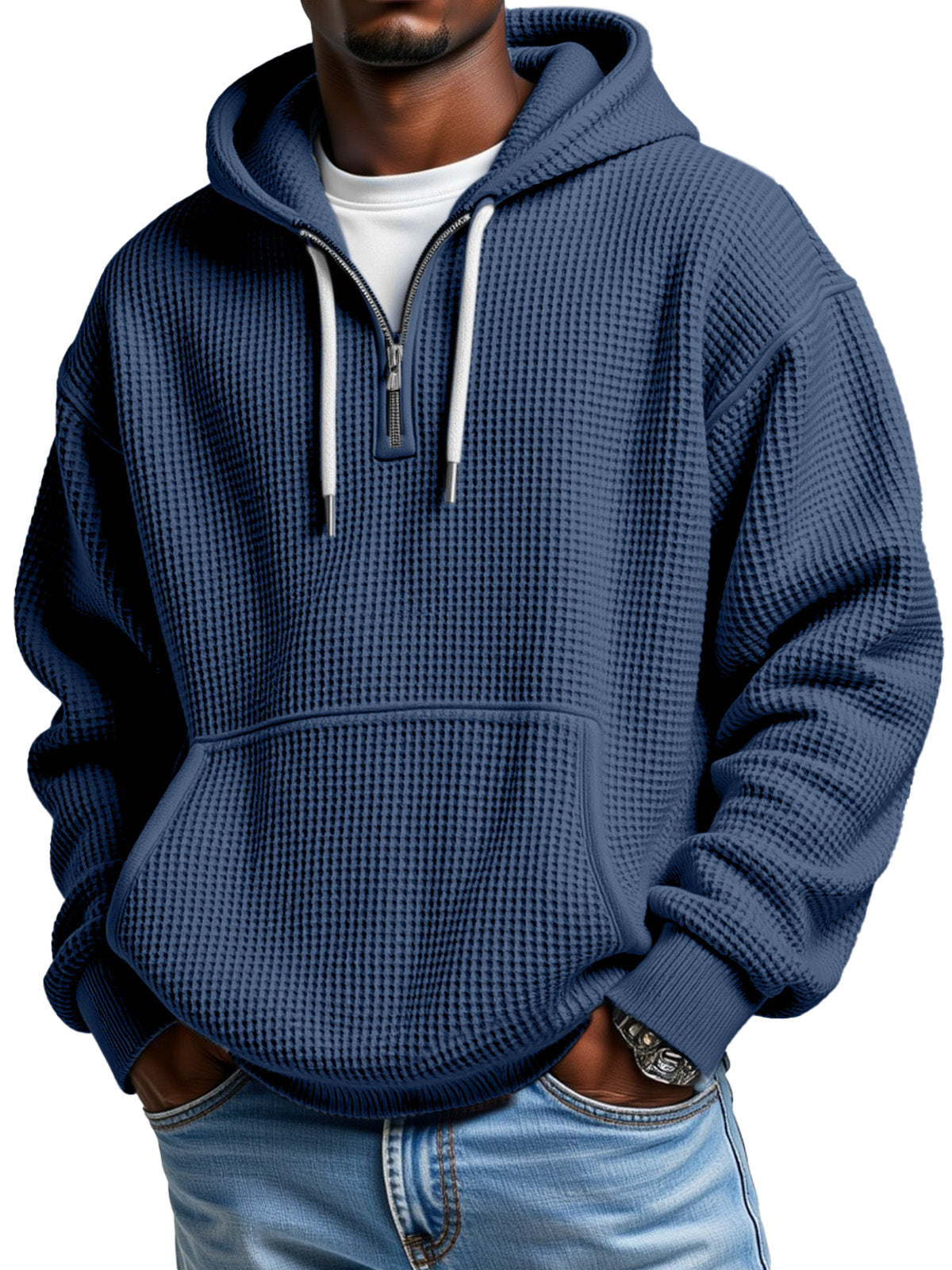 Black Friday Early Sale - Men's Casual Solid Color Waffle Zipper Long Sleeve Hooded Sweatshirt