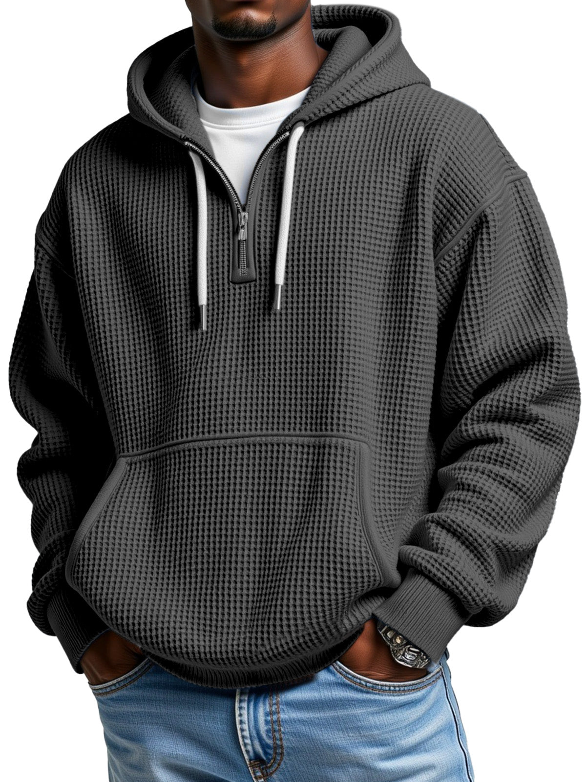 Black Friday Early Sale - Men's Casual Solid Color Waffle Zipper Long Sleeve Hooded Sweatshirt