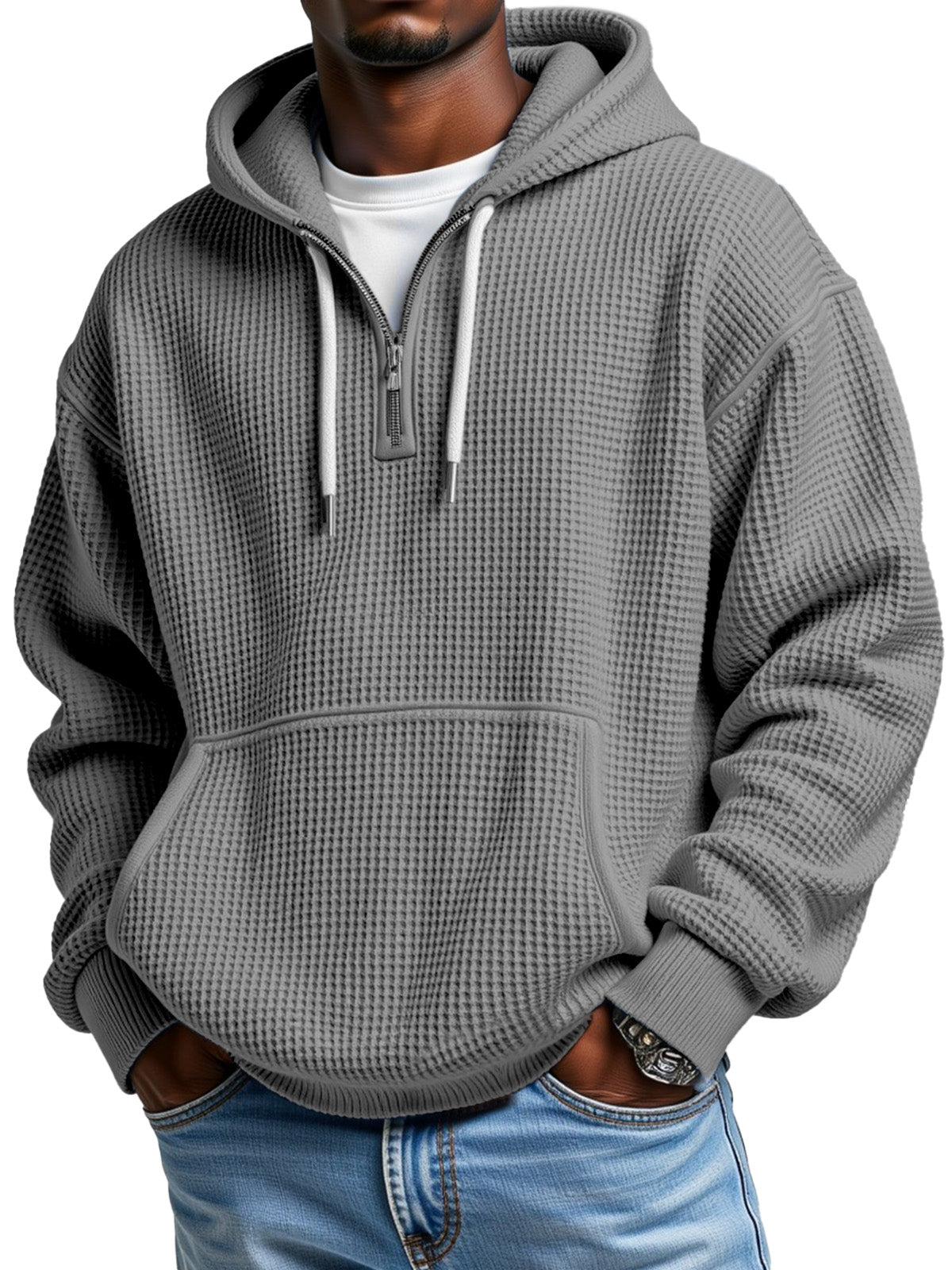 Black Friday Early Sale - Men's Casual Solid Color Waffle Zipper Long Sleeve Hooded Sweatshirt