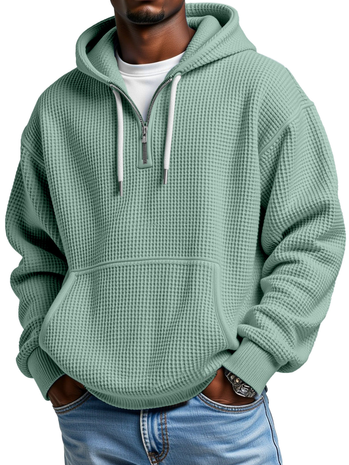 Black Friday Early Sale - Men's Casual Solid Color Waffle Zipper Long Sleeve Hooded Sweatshirt