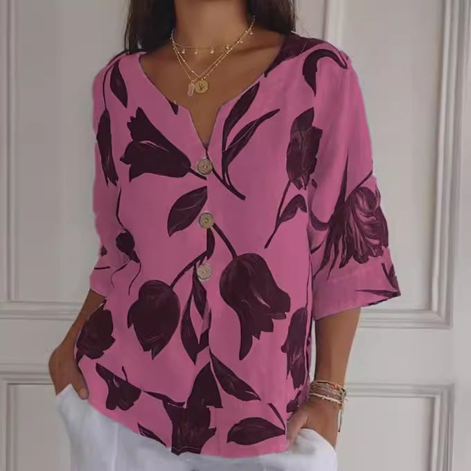 Printed Linen-Cotton V-Neck Short-Sleeve Pull-On Shirt