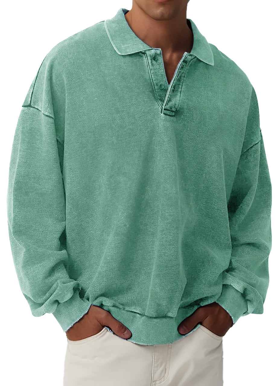 Men's Retro Fashion Distressed Lapel Long Sleeve Polo Sweatshirt