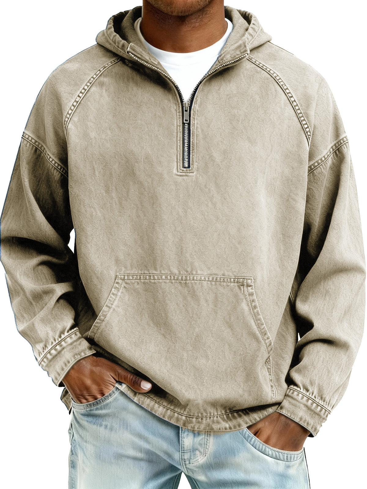 Limited-Time Deal: Save 50% Today!Men's Retro Fashion Distressed Raglan Sleeve Pocket Hooded Sweatshirt