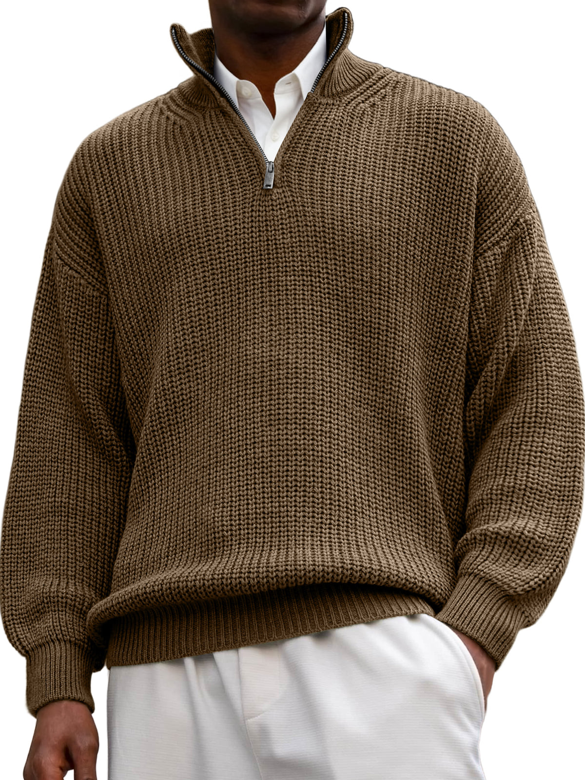 Men's Textured Lapel Zipper Casual Long Sleeve Polo Shirt