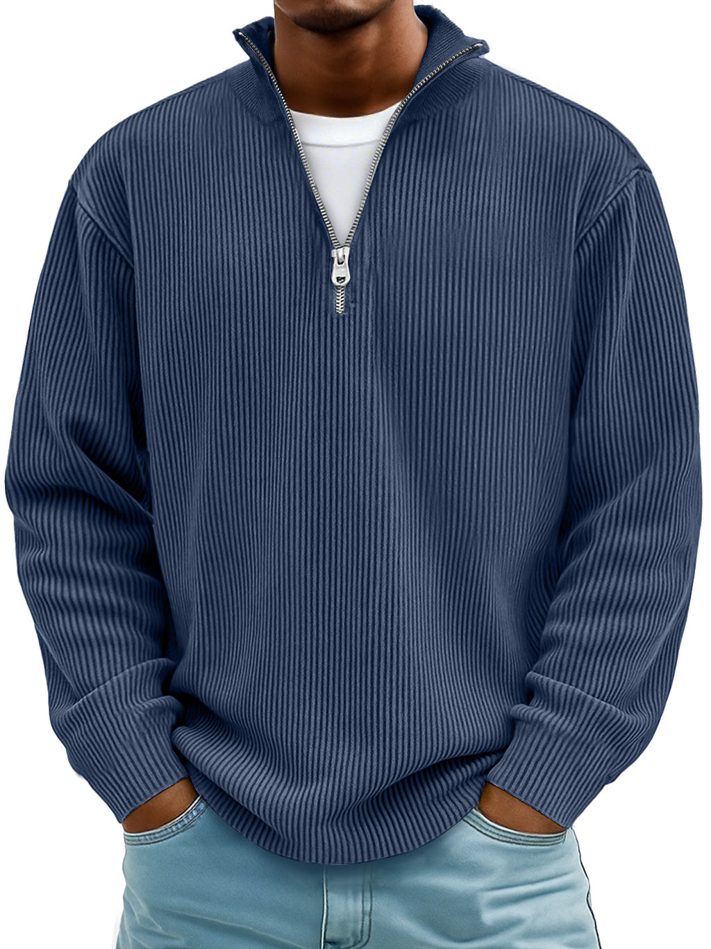 Men's Simple Casual Ribbed Stand Collar Zipper Long Sleeve T-shirt