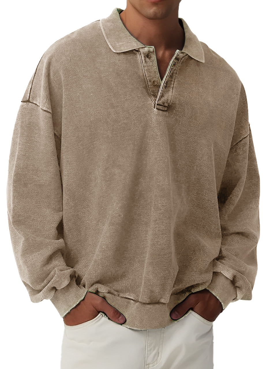 Men's Retro Fashion Distressed Lapel Long Sleeve Polo Sweatshirt