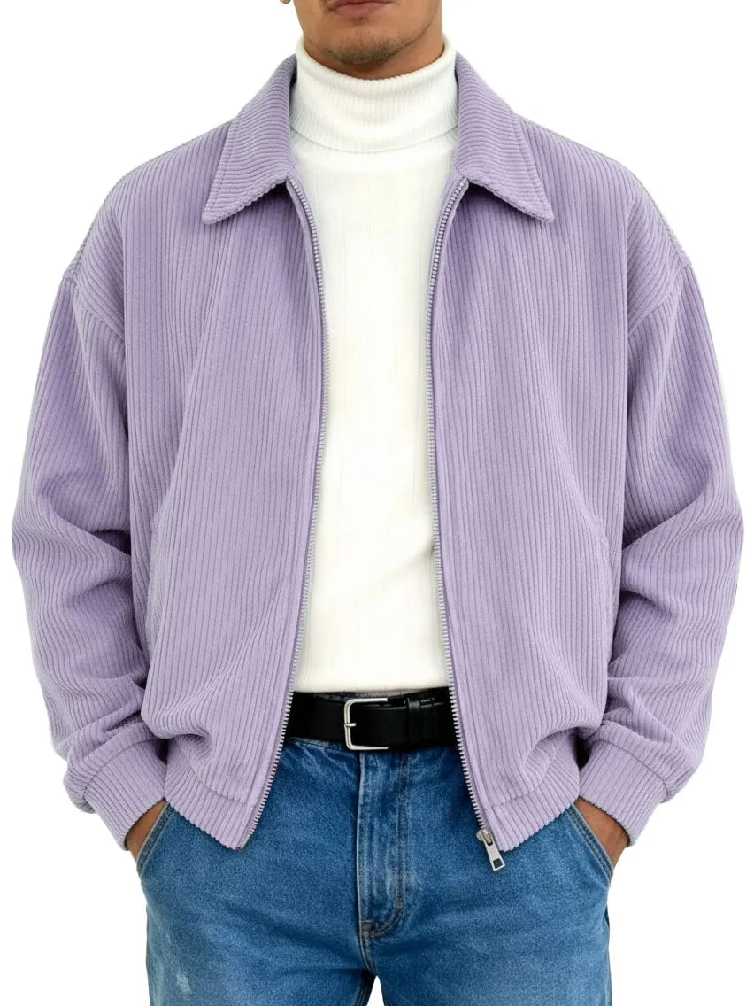 Men's Stylish Vintage Ribbed Fabric Long-sleeved Lapel Motorcycle Jacket