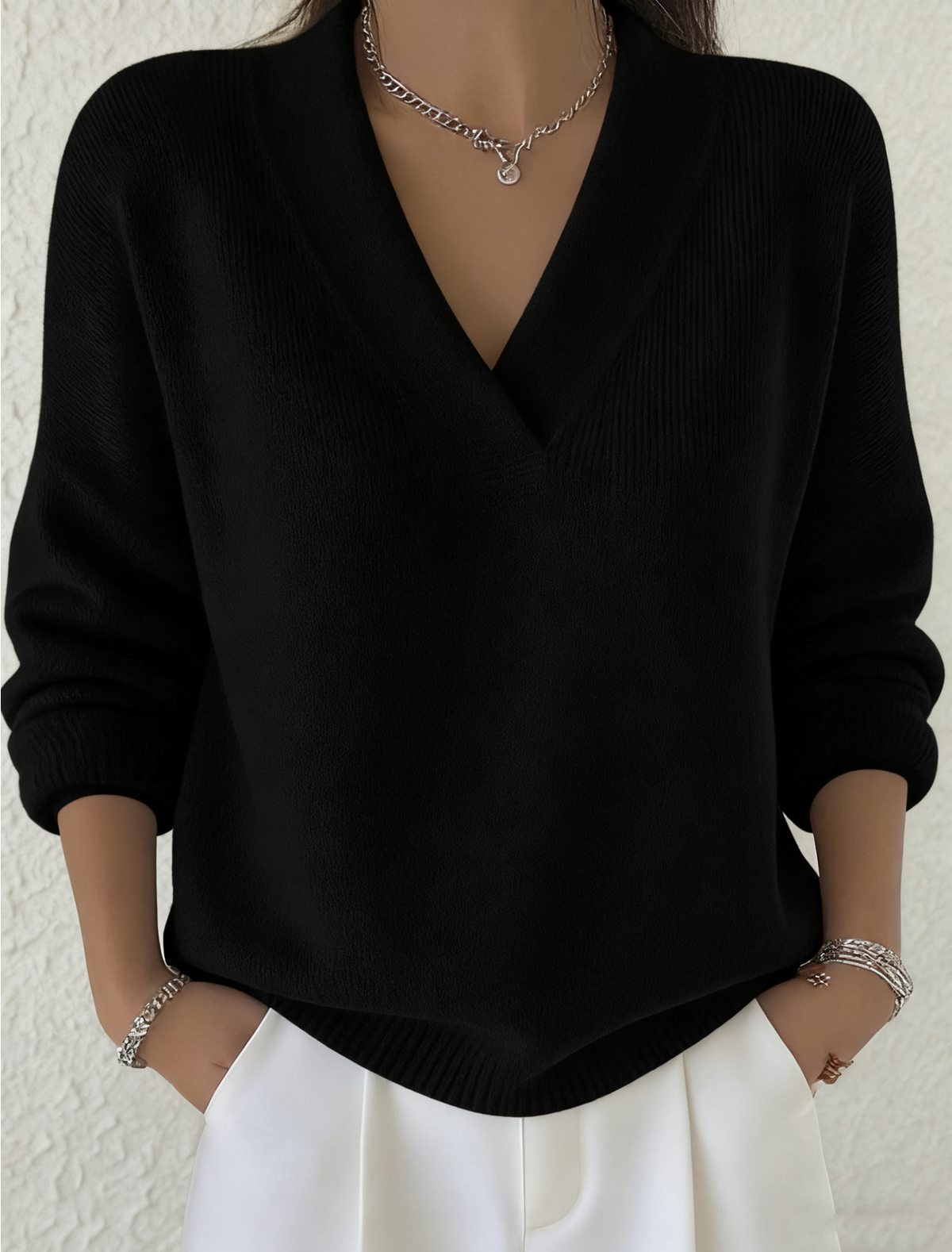 Women's Casual Solid Color V-neck Sweater Top