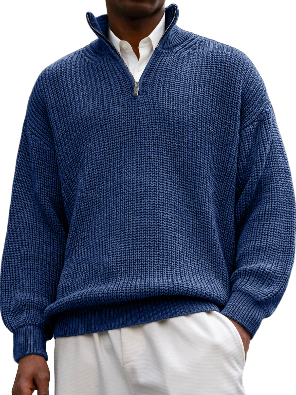Men's Textured Lapel Zipper Casual Long Sleeve Polo Shirt