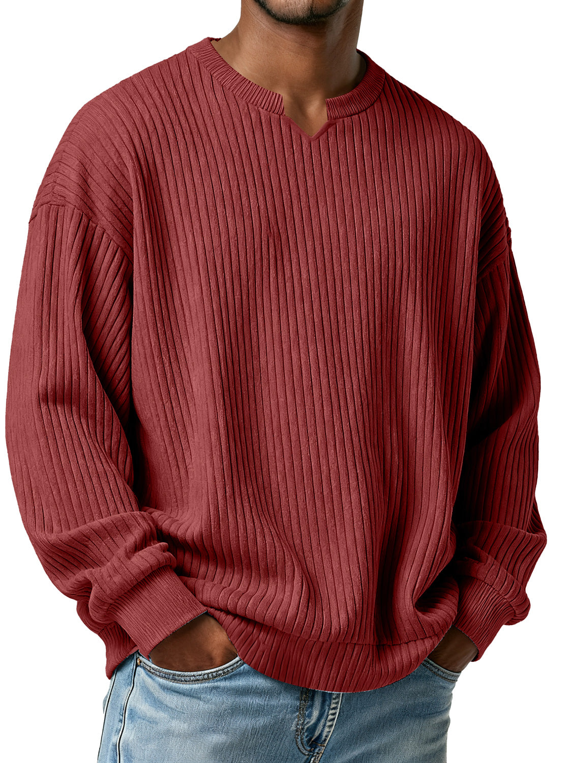 Men's Simple Vertical Ribbed Small V-neck Casual Loose Long-sleeved T-shirt
