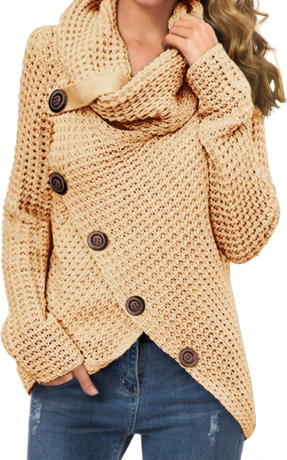 Women's Chunky Turtleneck Long Sleeve Asymmetric Hem Loose Knit Pullover Sweaters