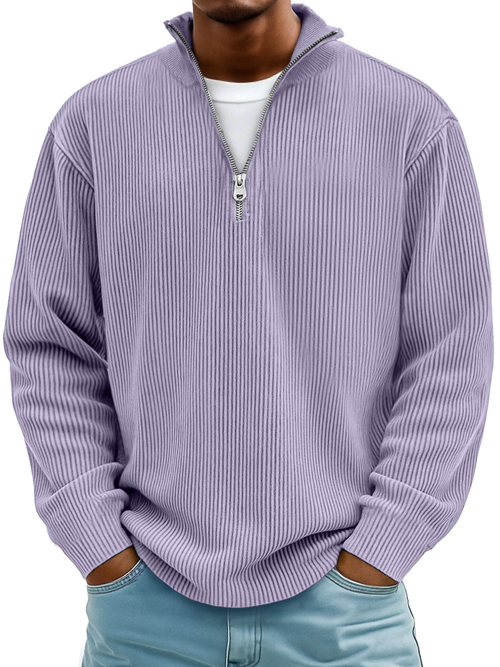 Men's Simple Casual Ribbed Stand Collar Zipper Long Sleeve T-shirt