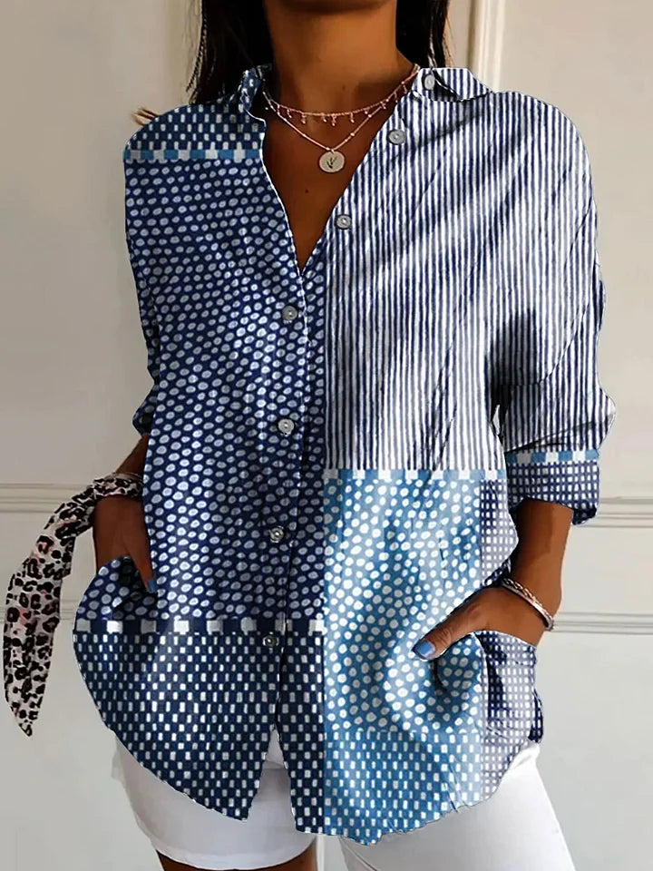 Women's Vintage Abstract Floral Art Print Linen V-Neck Shirt
