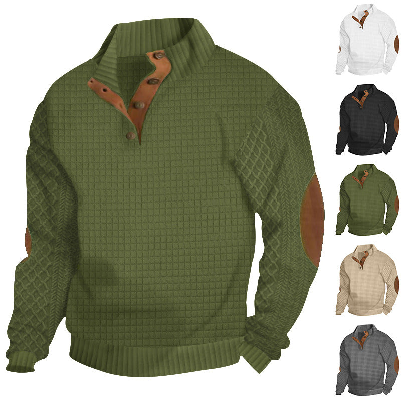 🔥Men's Outdoor Casual Stand Button Long Sleeve Waffle Golf Sweater