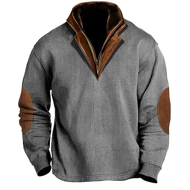 Men's Outdoor Casual Zip Polo Stand Collar Long Sleeve Sweatshirt Double Layer Lapel Fur Leather Collar Pullover