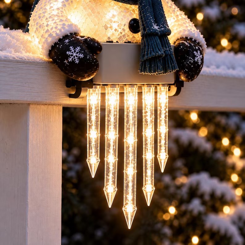 Closeup of five hanging LED icicles and the railing clip base