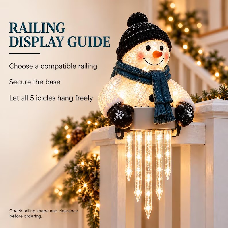 Railing display guide - choose compatible railing, secure base, let icicles hang freely