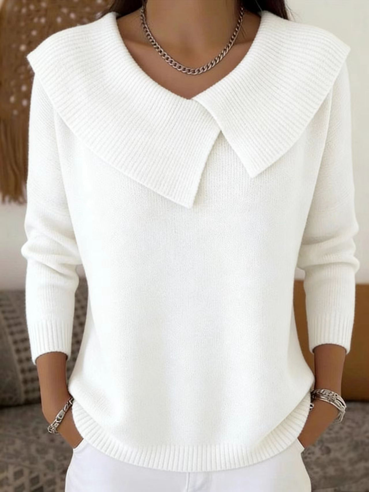 💥 Winter Best-selling  - ❄️ Stylish retro 80s style sweater with a fold-over collar, creating a slimming effect