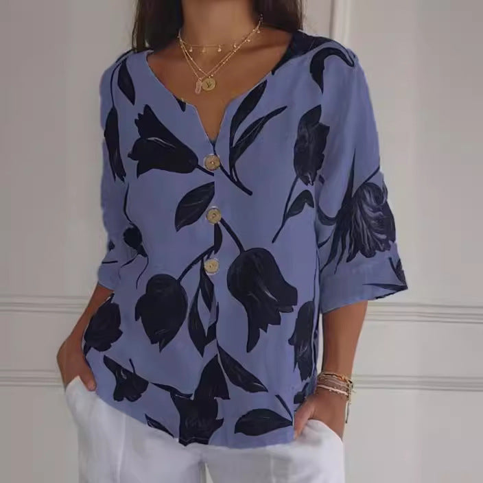 Printed Linen-Cotton V-Neck Short-Sleeve Pull-On Shirt