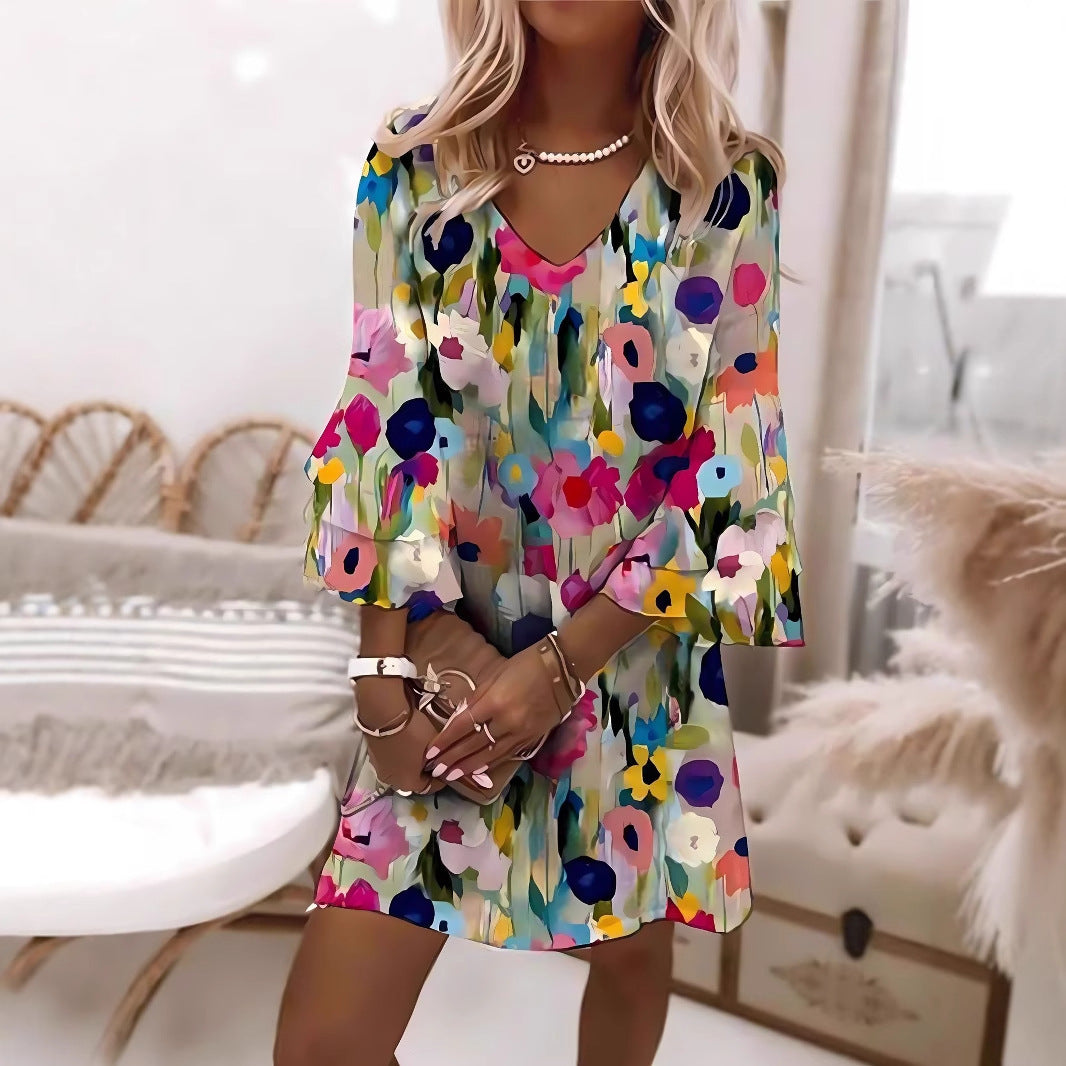 Women's Printed Casual Cotton V-Neck Dress