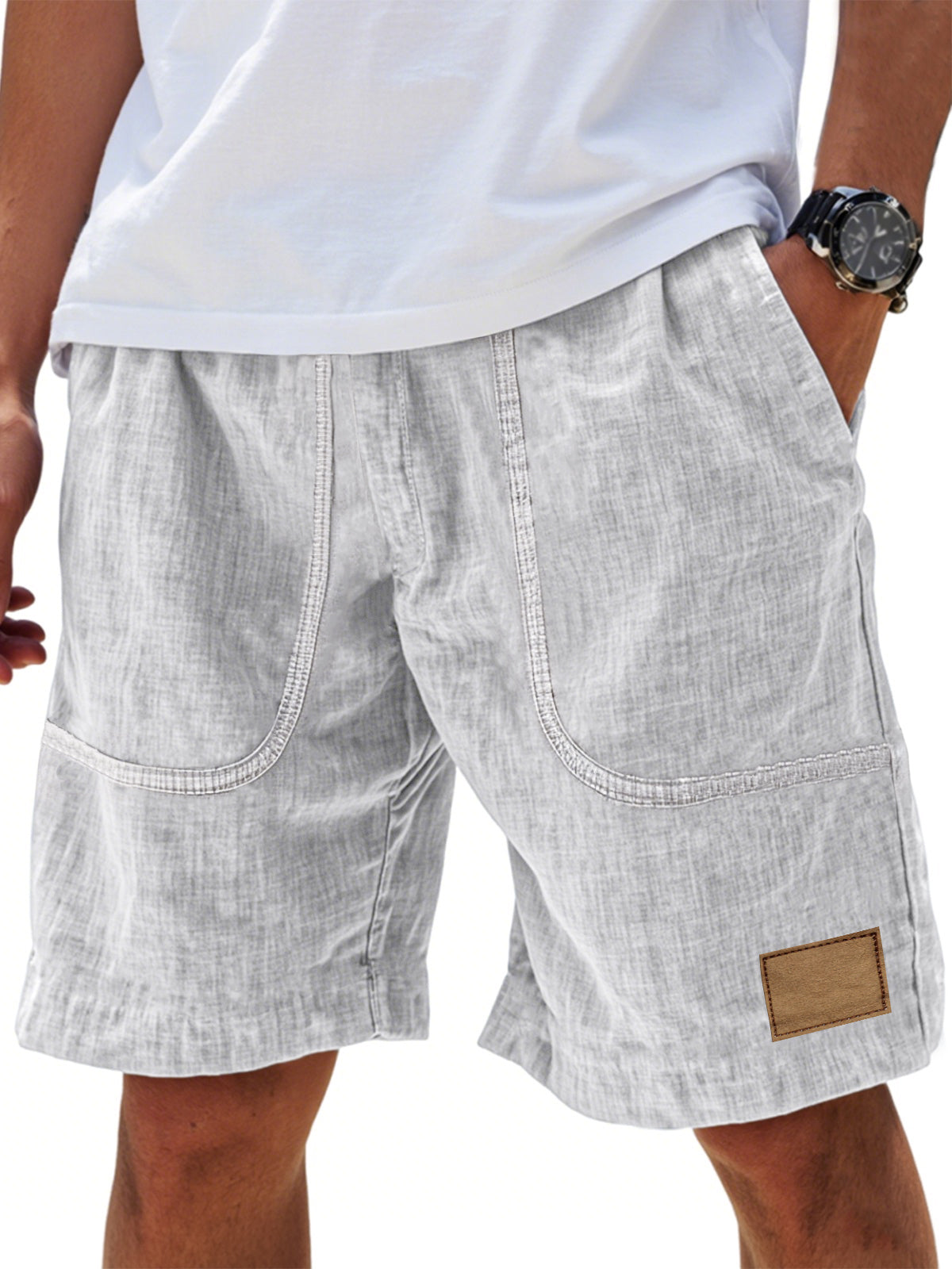Men's Linen Comfort Embroidered Flat Seam Pockets Breathable Beach Everyday Shorts