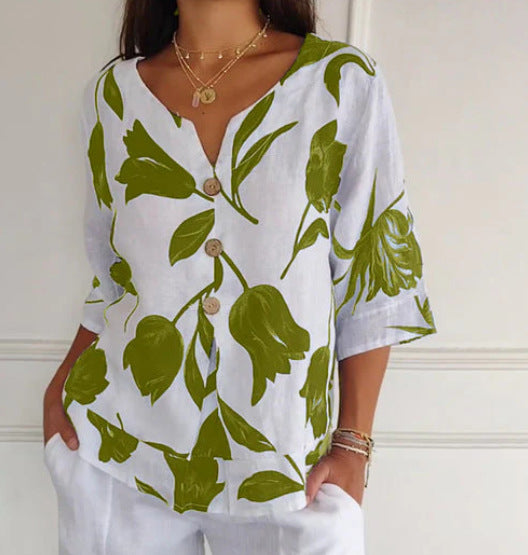 Printed Linen-Cotton V-Neck Short-Sleeve Pull-On Shirt