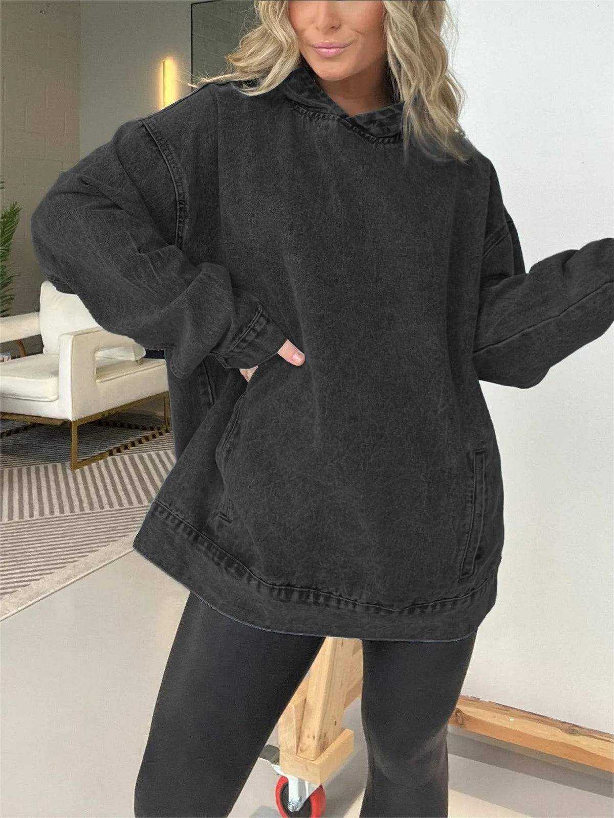 ⏰FALL SALE-DENIM HOODED SWEATSHIRT WITH FRONT POCKETS