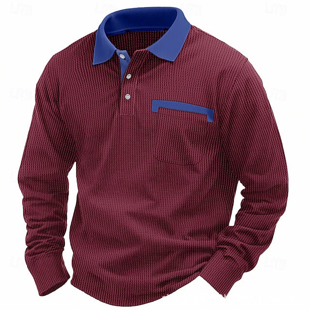 Men's Cotton Waffle Patch Collar Casual Business Polo Shirt